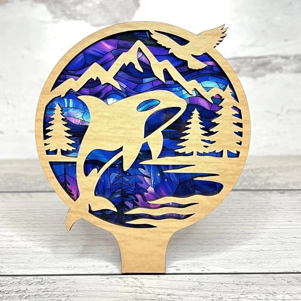 Orca Whale Night Light‎ Wood Pacific Northwest Mountain Scene Handcrafted